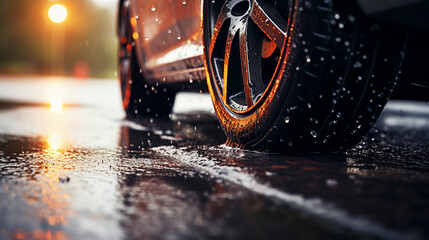 Wall Mural - Dripping wet car tires on rainy day, urban city streets with water