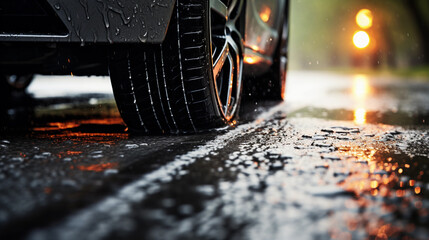 Wall Mural - Dripping wet car tires on rainy day, urban city streets with water