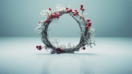 Sticker -  a wreath with berries and snow flakes on a blue background.  generative ai