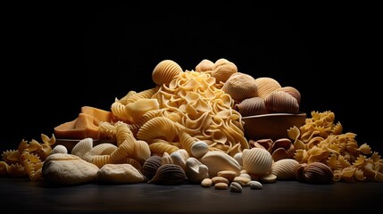 Sticker -  a pile of different types of pasta on a black background.  generative ai