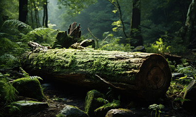 Natural beauty forest background with a huge log overgrown with green moss lying on the ground.