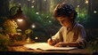 Little boy write paper on desk, creative miracle theme