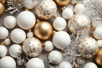 Pattern of Christmas decorations, white and gold balls on a white background