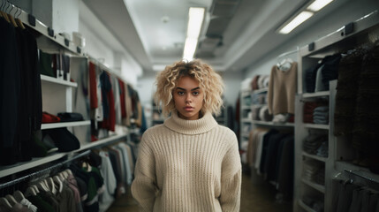 Wall Mural - Adult woman is a customer and is putting on a white turtleneck sweater or is a saleswoman and cashier in a clothing store, bad mood