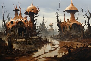 Wall Mural - A painting of a swampy area with a house in the middle of it, AI