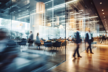 Business people rushing in modern office interior. Motion blur.