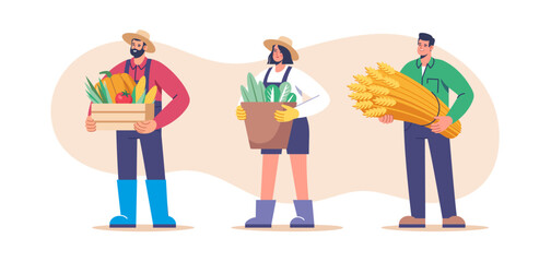 Farming and agriculture, harvesting. Characters dressed In work clothes with fresh vegetables, wheat. Agriculture farm workers. Vector illustration for mobile and web graphics.