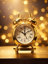 Vintage Golden Alarm Clock On The Table With Gold Sparkling Bokeh Background, Time New Year Festive Illustration Background