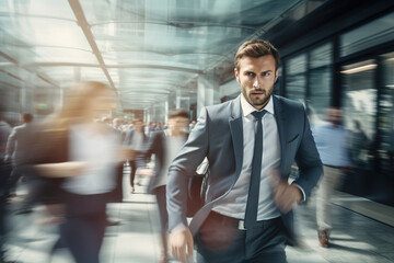 Handsome businessman rushing through the terminal station hall.