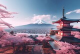 Fototapeta  - Red chureito pagoda with cherry blossom and Fujiyama mountain, Generative AI