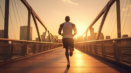 Canvas Print - Young african-american man exercising on the bridge in sunset