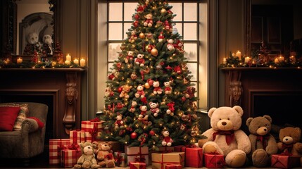 Canvas Print -  a christmas tree with presents and teddy bears in front of it.  generative ai