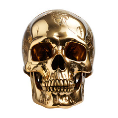 gold skull isolated on transparent background ,golden skull carving front view png ,generative ai