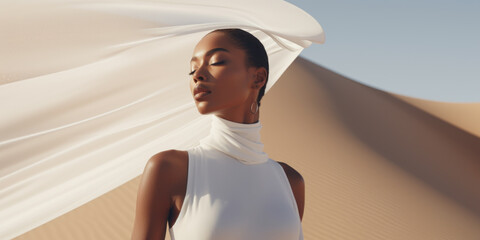 Poster - Woman in a long white dress walking in the desert with flowing fabric in the wind