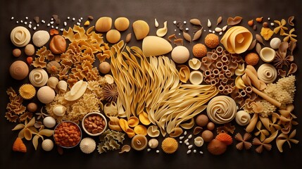 Poster -  a picture of a bunch of different types of pasta on a table.  generative ai