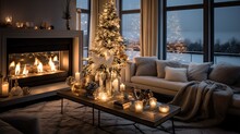  A Living Room With A Christmas Tree And Lit Candles In Front Of A Fire Place.  Generative Ai