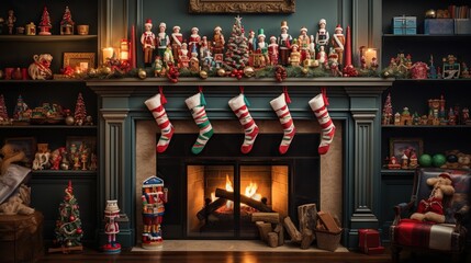 Poster -  a fireplace decorated with christmas stockings and stockings on top of it.  generative ai