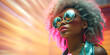 African American Woman with bright color hair in style of retro futurism, colorful bright look
