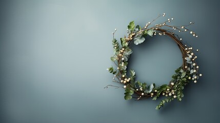 Poster -  a wreath with white flowers and greenery on a blue background.  generative ai