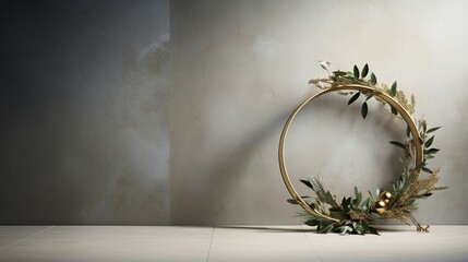 Poster -  a gold circular wreath with greenery on a white floor.  generative ai