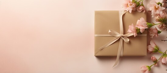 Poster - Ecoconscious gift packed in recyclable paper tied with a unique bow isolated pastel background Copy space