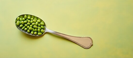 Wall Mural - Fork background and green peas isolated pastel background Copy space
