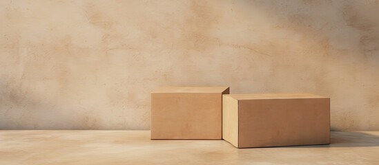 Poster - Free space on a white table with stacked cardboard boxes isolated pastel background Copy space