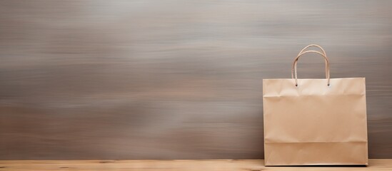 Poster - Craft paper bag and cardboard blank box showcased on a wooden table against a isolated pastel background Copy space