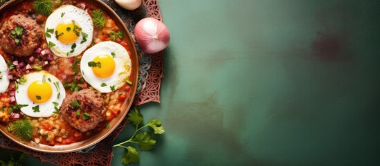 Poster - Combined raw minced meat and eggs in a metal pan to prepare cutlets isolated pastel background Copy space