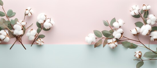 Aufkleber - Flowers with eucalyptus and cotton Flat lay top view Blog mockup isolated pastel background Copy space
