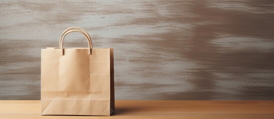 Poster - Craft paper bag and cardboard blank box showcased on a wooden table against a isolated pastel background Copy space