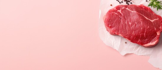 Wall Mural - Cooked steak with onions on a isolated pastel background Copy space