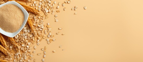 Poster - Dry organic multigrain flakes seen from above on a isolated pastel background Copy space