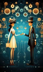 Sticker - A man and a woman shaking hands in front of gears, AI