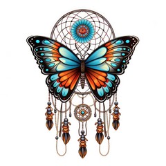 A butterfly with a dream catcher on its back. Digital art. Tribal-inspired design.