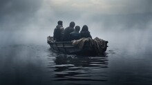 Syrian Refugee Family Of Immigrants On A Little Old Boat In Thiсk Fog Seeking For Shelter And Relocation Or People Running From War And Infringement Of Rights By Water