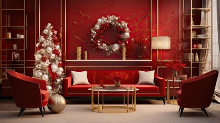 Sticker -  a living room with red couches and a christmas wreath on the wall.  generative ai