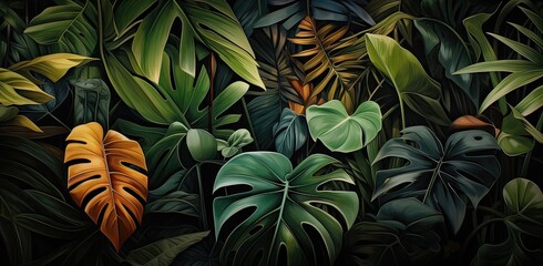  Tropical pattern, banana leaves of different colors. Glamorous exotic abstract background design.