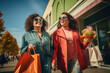 zwei füllige Frauen laufen auf der Straße mit Einkaufstüten, two plump women walking on the street with shopping bags, 