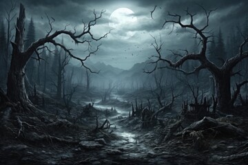 Wall Mural - A dark forest with a river running through it, AI