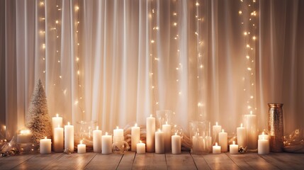 Canvas Print -  a bunch of lit candles on a wooden floor in front of a curtain.  generative ai