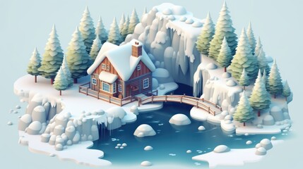 Canvas Print - A small house is surrounded by snow and trees