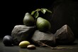 Graceful Contrasts: Avocado Beside Stones in a 3:2 Aspect Ratio