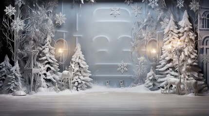 Sticker -  a stage set with snow covered trees and a stage light.  generative ai