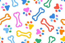 Fun Colorful Dog Footprint With Bone Pattern. Dog Paw Doodle Seamless Pattern Vector Wallpaper Background.
