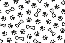 Seamless Pattern With Silhouette Dog Footprints And Bone. Black And White Dog Paw Doodle Abstract Pattern. 