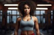 © Johnathan - Black Woman Fitness Trainer Occupation Career Work Environment Backdrop Generative AI