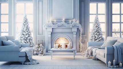 Wall Mural -  a living room decorated for christmas with white furniture and a fireplace.  generative ai