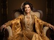 Magnificent Indian queen, poised in her chair, with her alluring smile and grand attire, epitomizing her illustrious lineage
