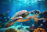 Fototapeta Do akwarium - Sea turtle, colorful under water scene. Ocean diversity and ecology concept. 